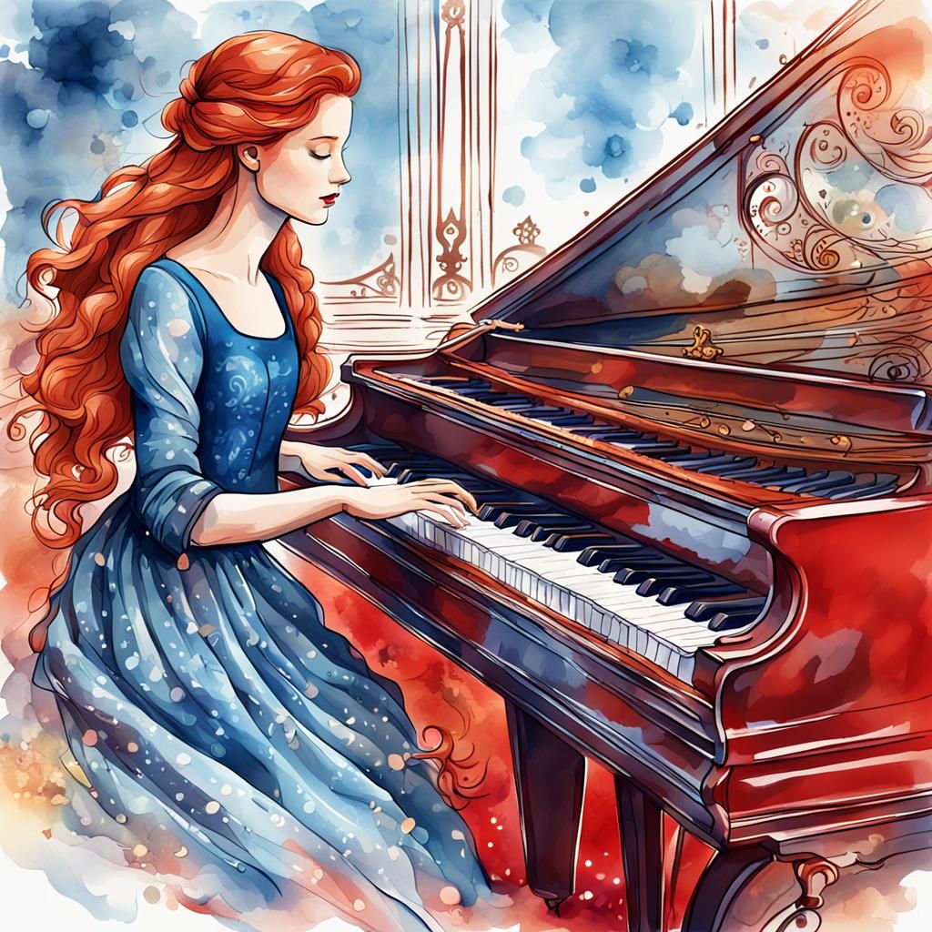 Colorful Vector Art: Redhead Playing Piano