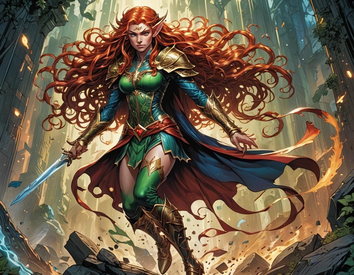 Fantasy Elf with Red Hair in Comic Book Style