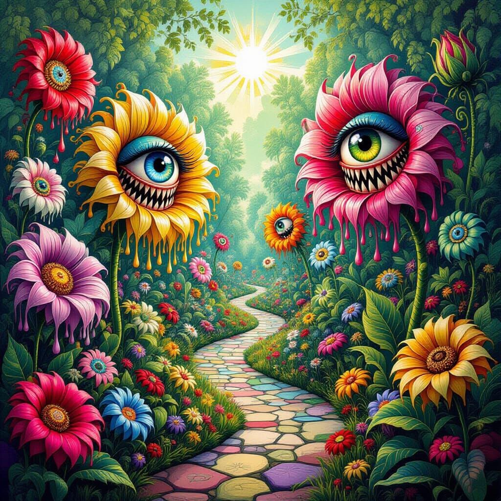 Psychedelic Garden with Bosch Creatures and Escher Style