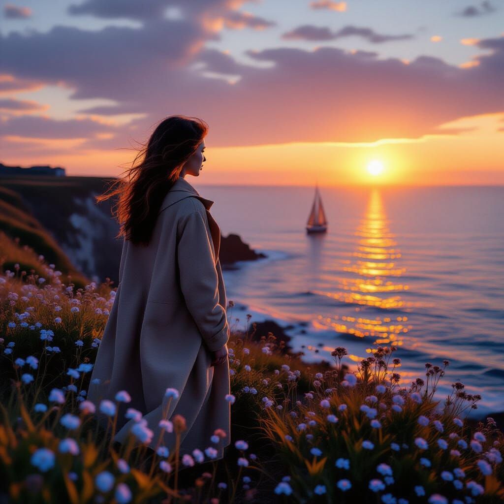 Woman on Windswept Cliff at Golden Hour