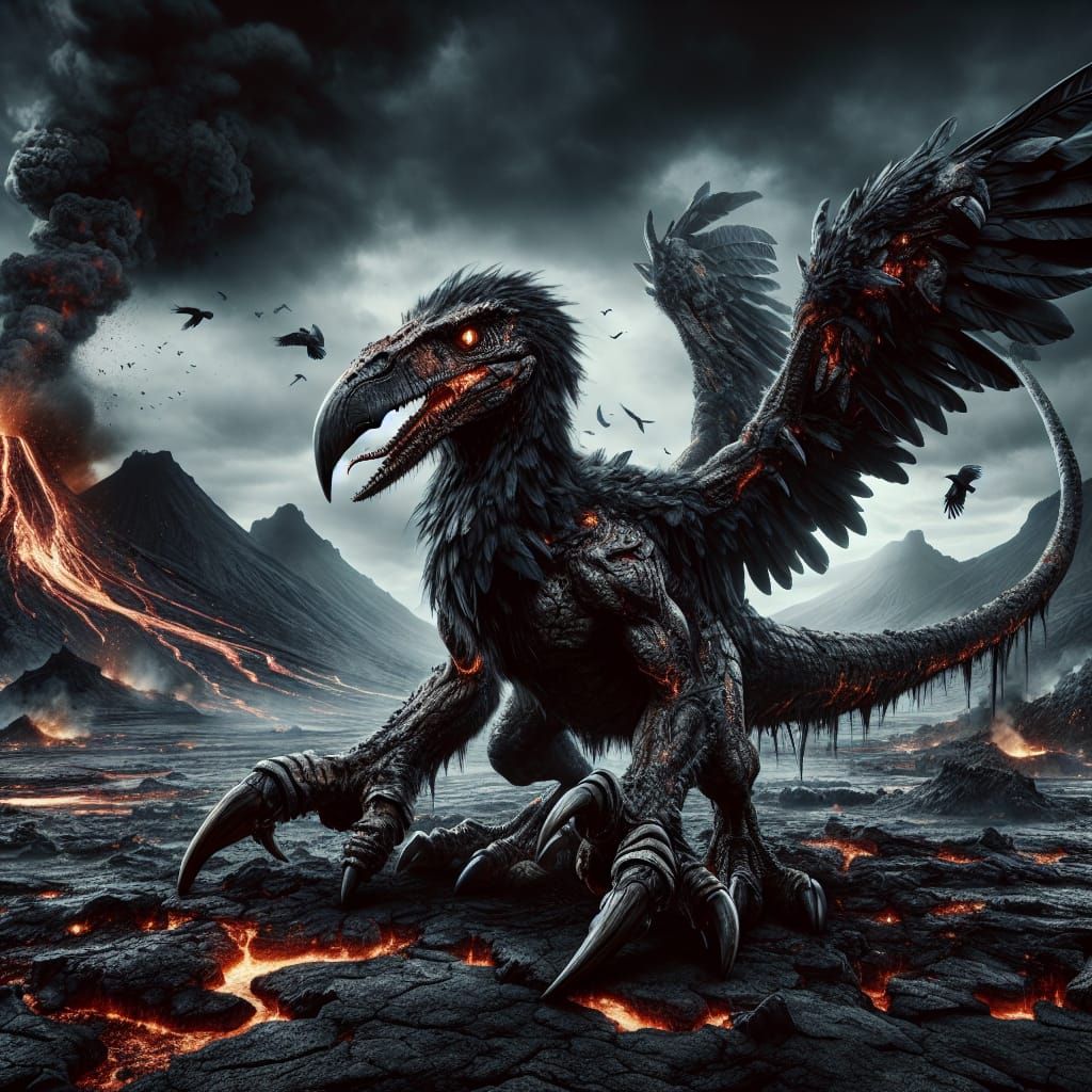 Angry Dinosaur-Crow Hybrid in Volcanic Wasteland