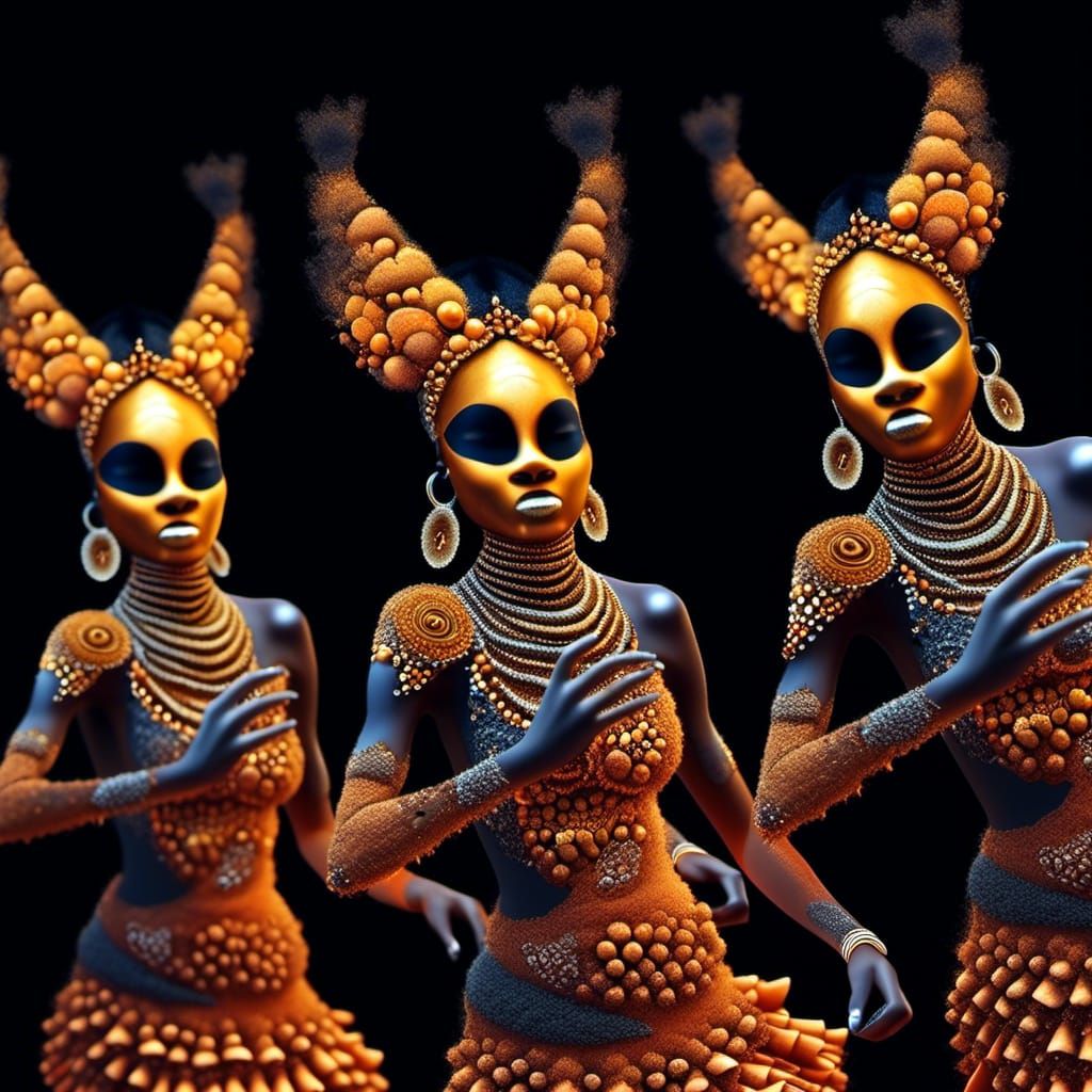 African Women Dancing in Masks at Twilight