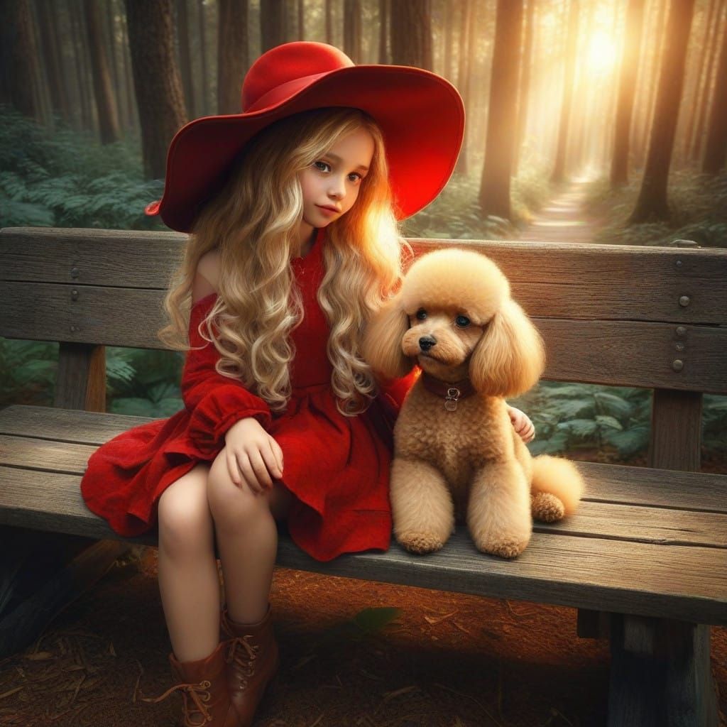 Girl in Red Hat and Toy Poodle in Whimsical Forest Setting