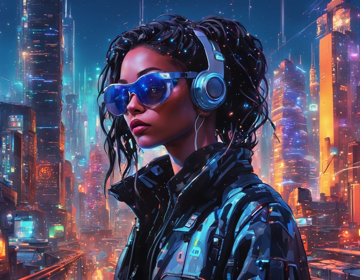 Cyberpunk Goddess Amidst Neon Metropolis