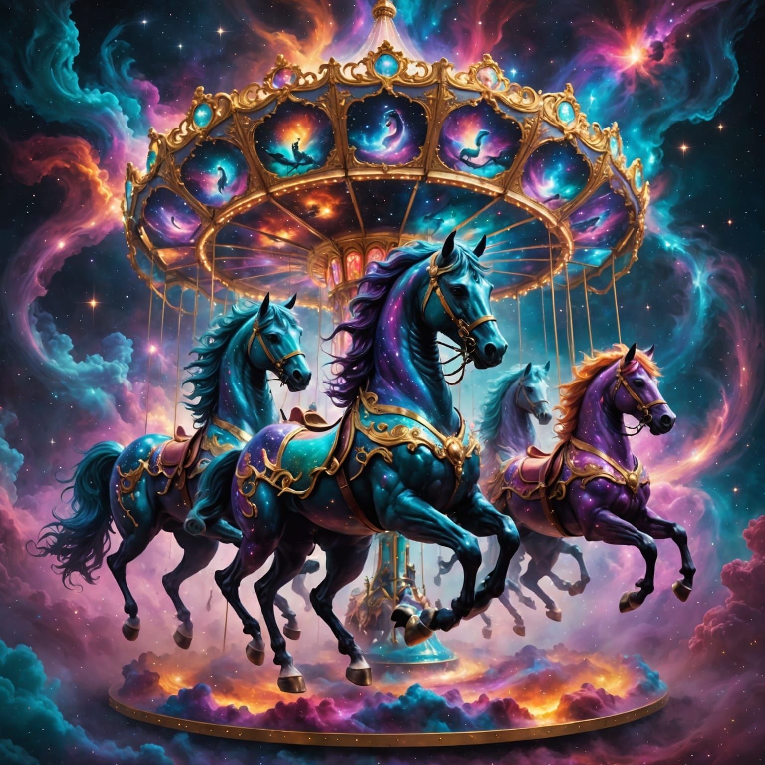 Cosmic Carousel Emerges From Nebula in Digital Art Style