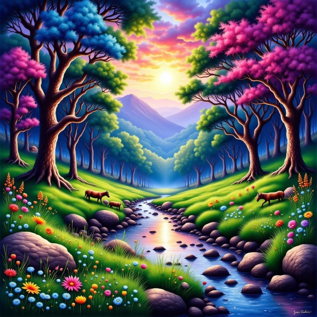 Vibrant Neon Landscape Painting in Earth Art Style