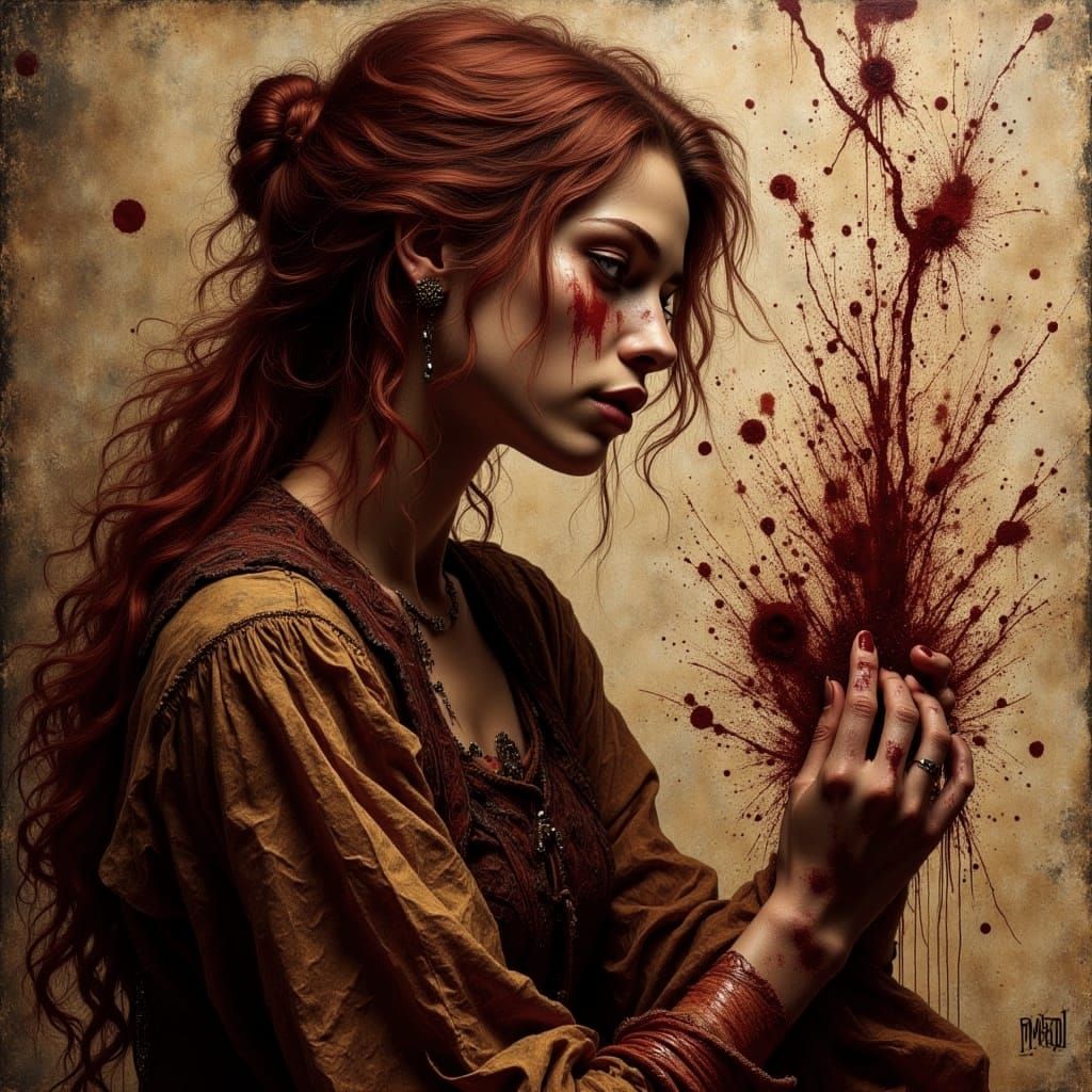 Medieval Woman Finger Paints Crimson Ink on Parchment