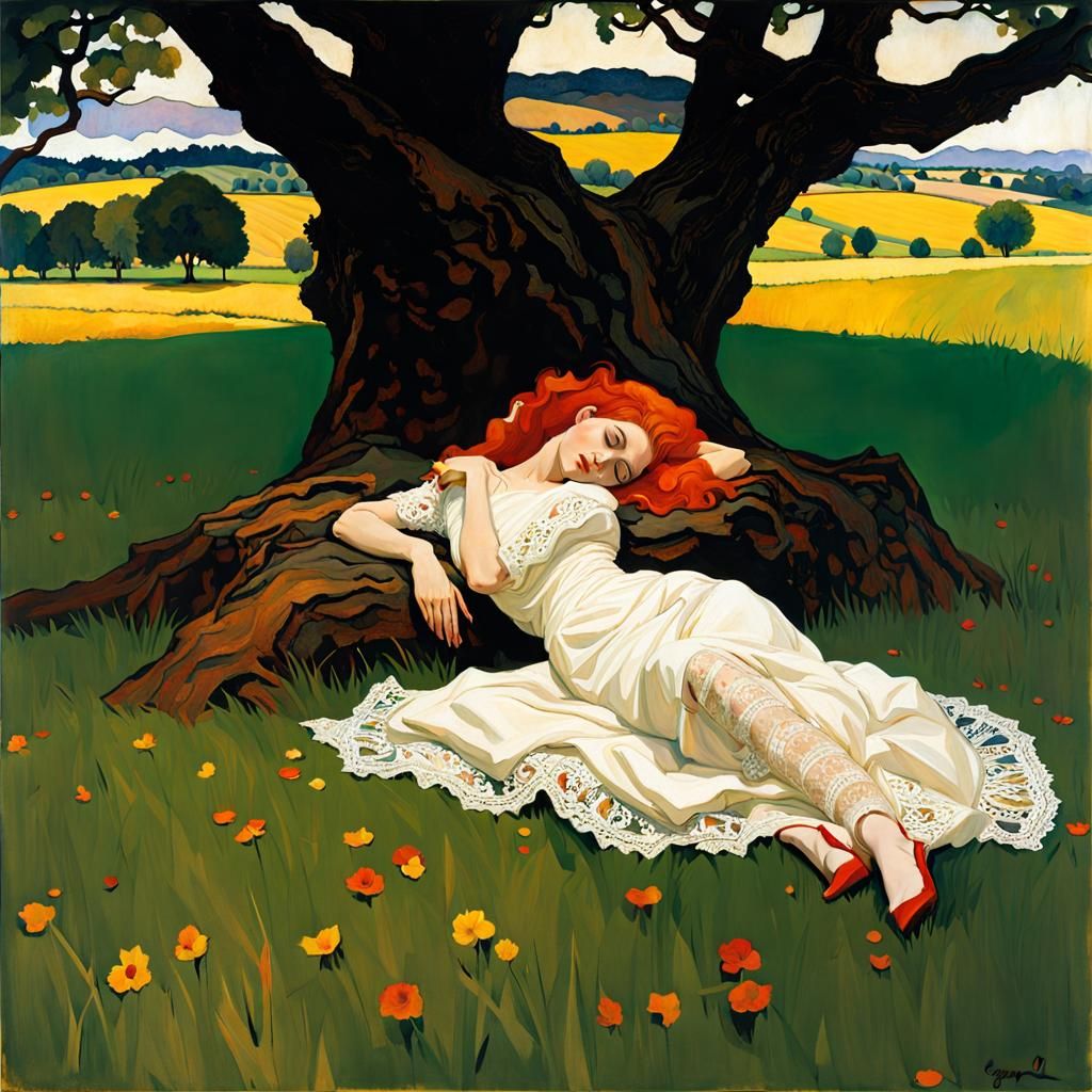 Expressionist Woman Sleeping Under Oak Tree