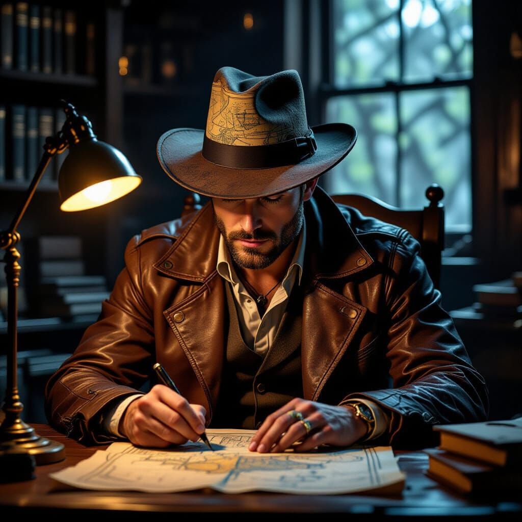 Adventurer Studies Map Fedora in Dramatic Study