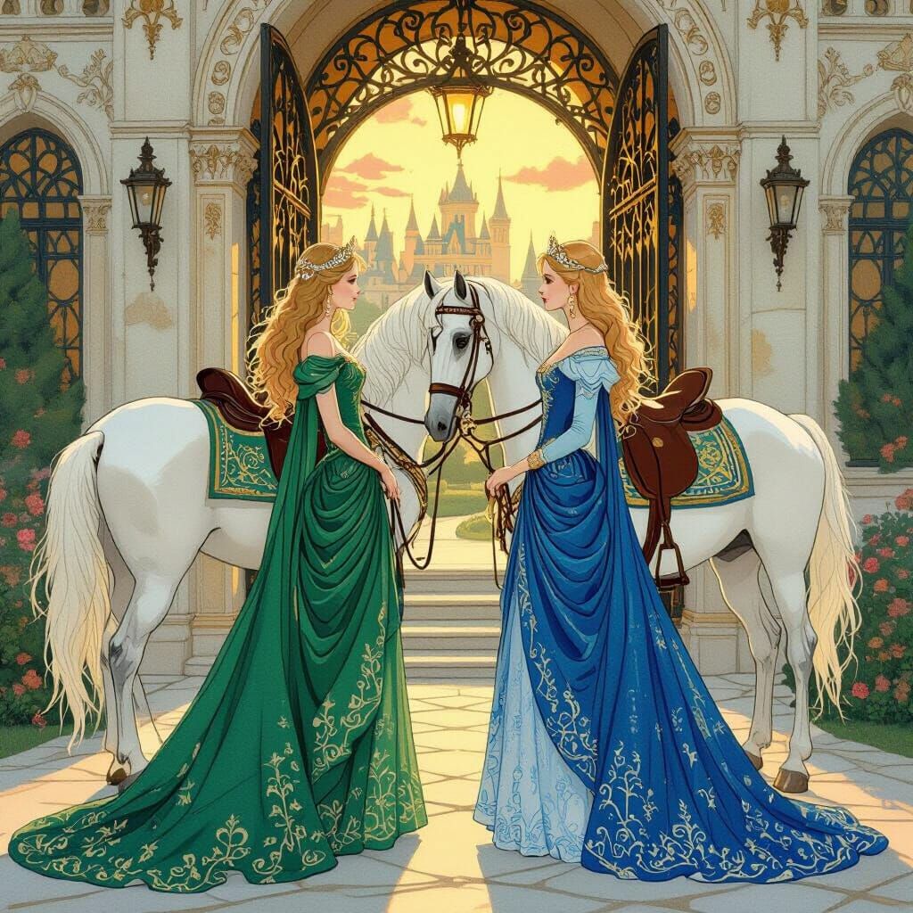 Two Princesses with Regal Horses Outside Palace