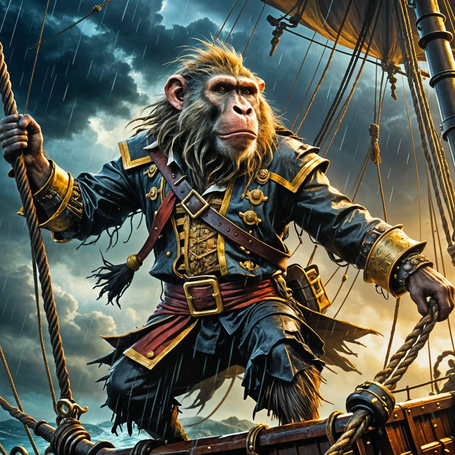 Baboon Pirate Captain in Stormy Seas