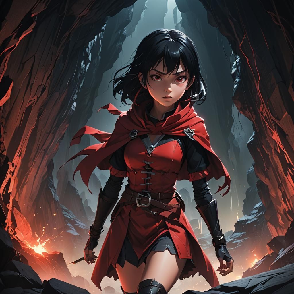 Anime Woman in Red Riding Outfit in Cave