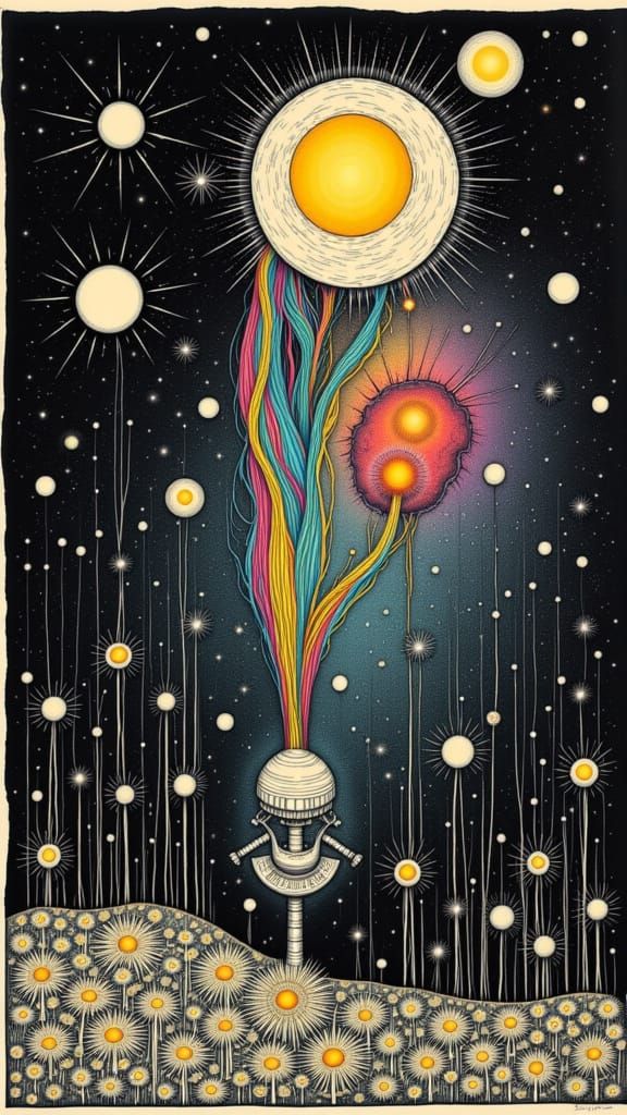 <lora:Klee 1:1.0>  black and white, mystical and poetic dreamlike Paul Klee, surreal and celestial tiny colorful rainbow...