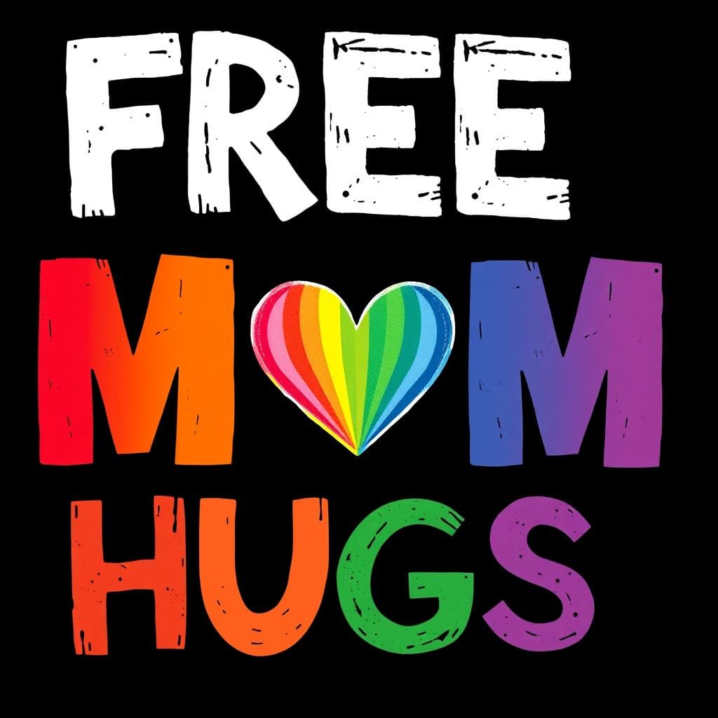 Bold Rainbow Letters Declare FREE MOM HUGS in Distressed Blo...
