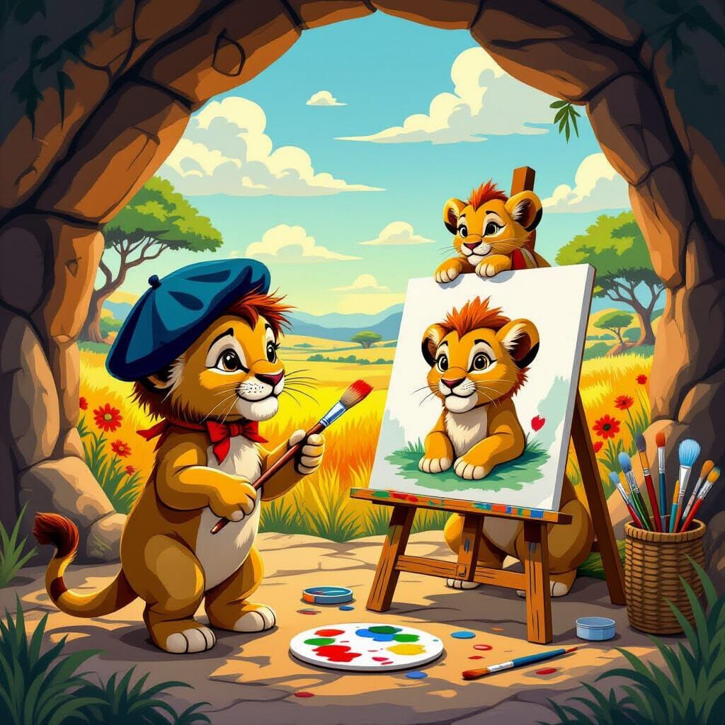 Lion Cub Paints Lioness in Whimsical Style