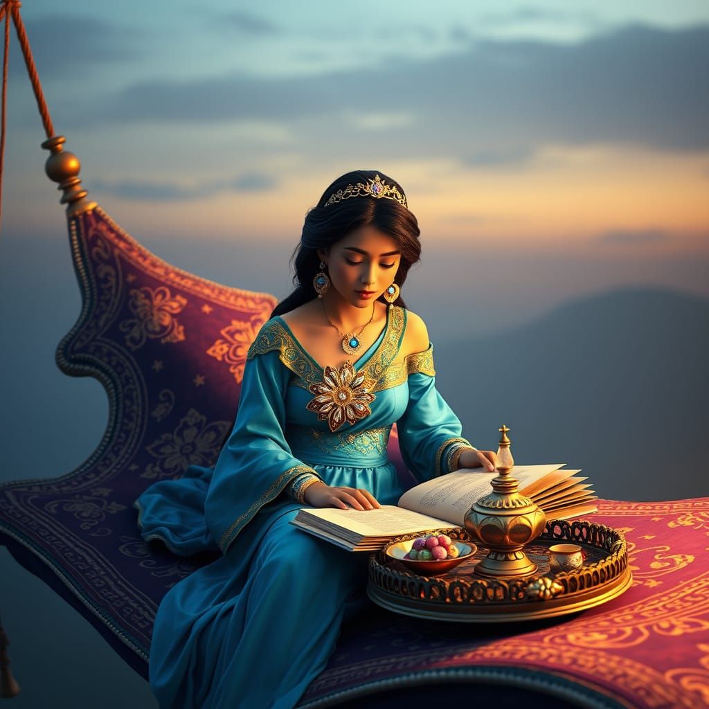 Princess Jasmine Reads Under Starry Skies in Majestic Style