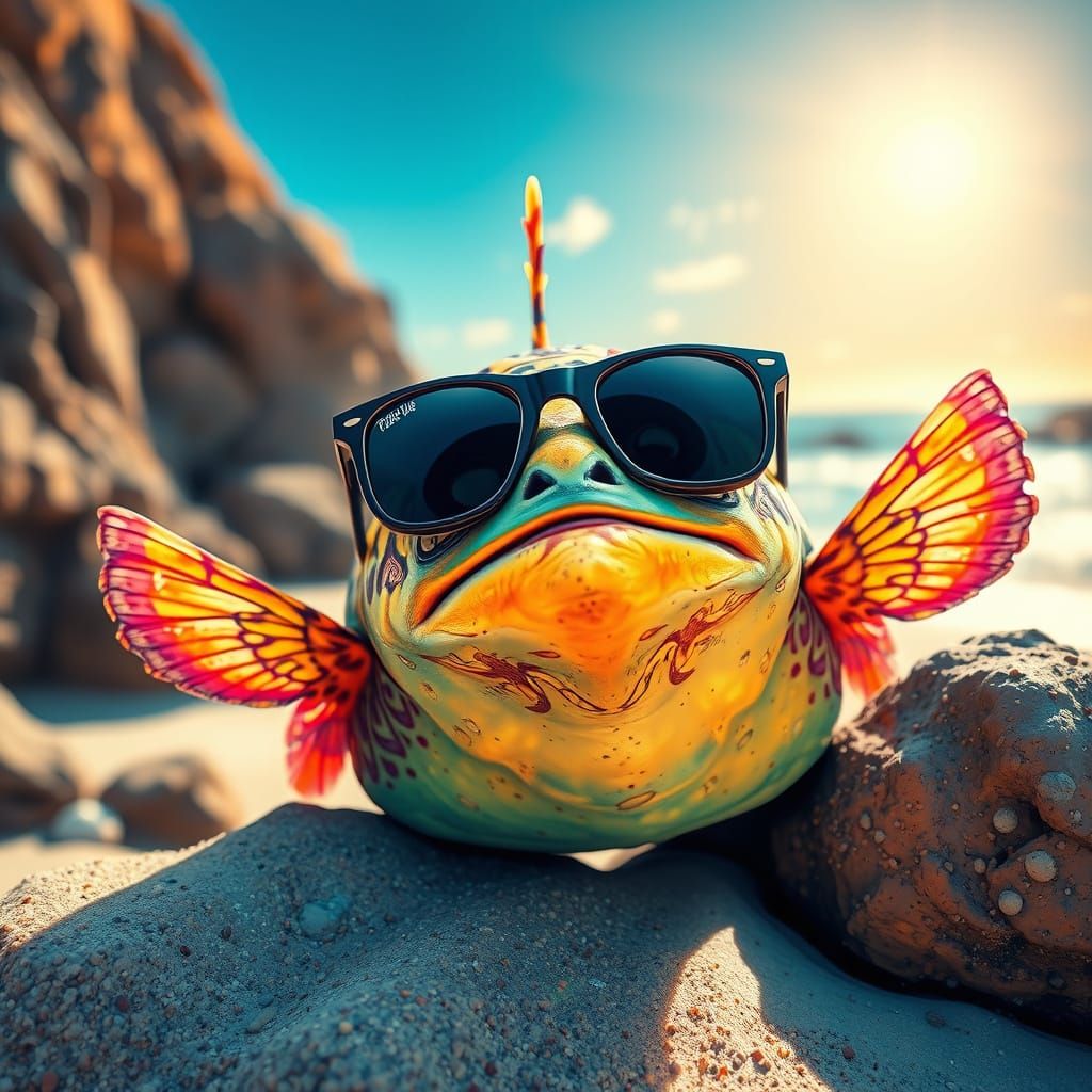 Playful Pufferfish on Sunny Beach with Tribal Designs