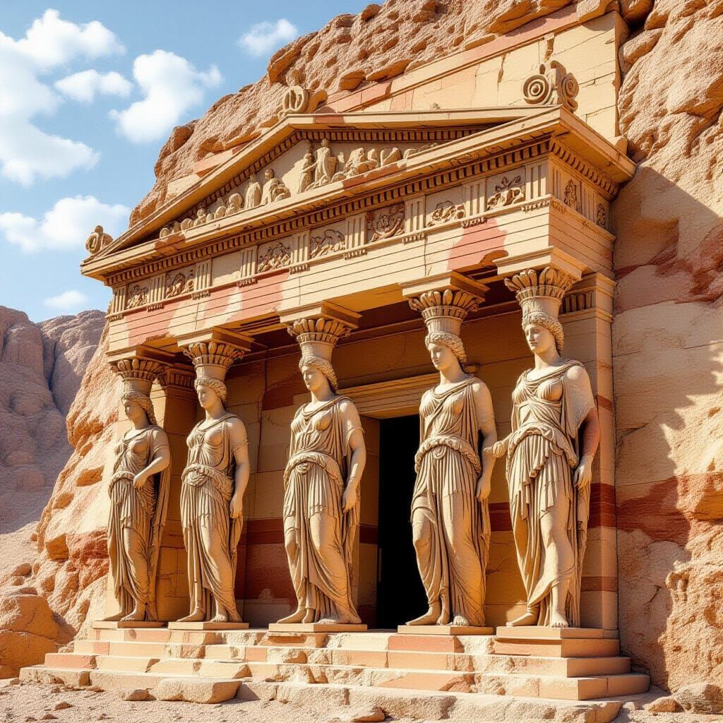 Hellenistic Carvings on Treasury Facade in Photorealistic St...