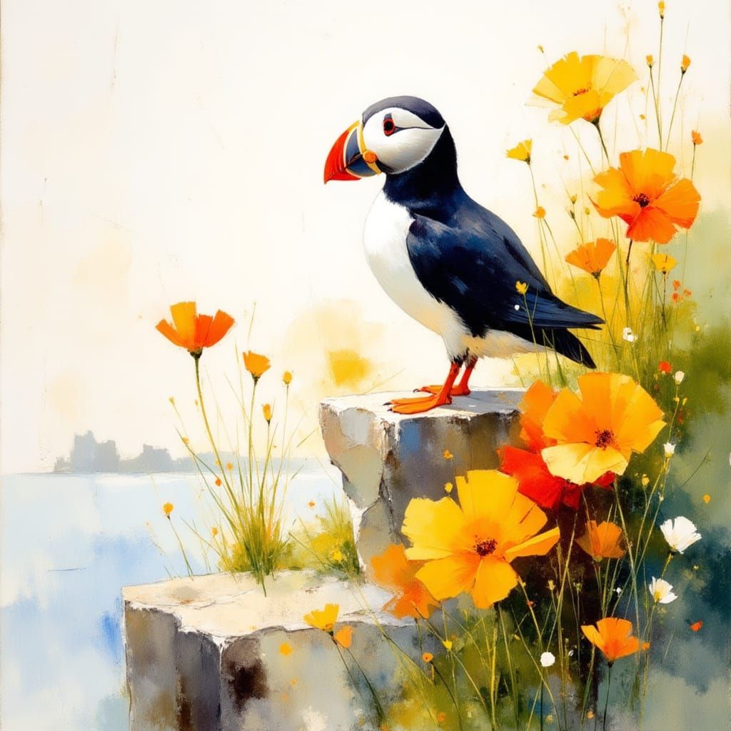 Vibrant Watercolor Puffin Portrait on a Golden Cliffside