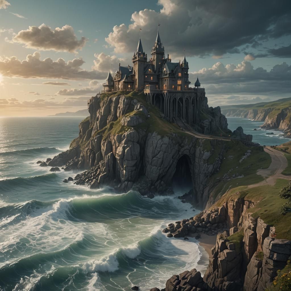 Glass Castle on a Cliff in Surreal Style