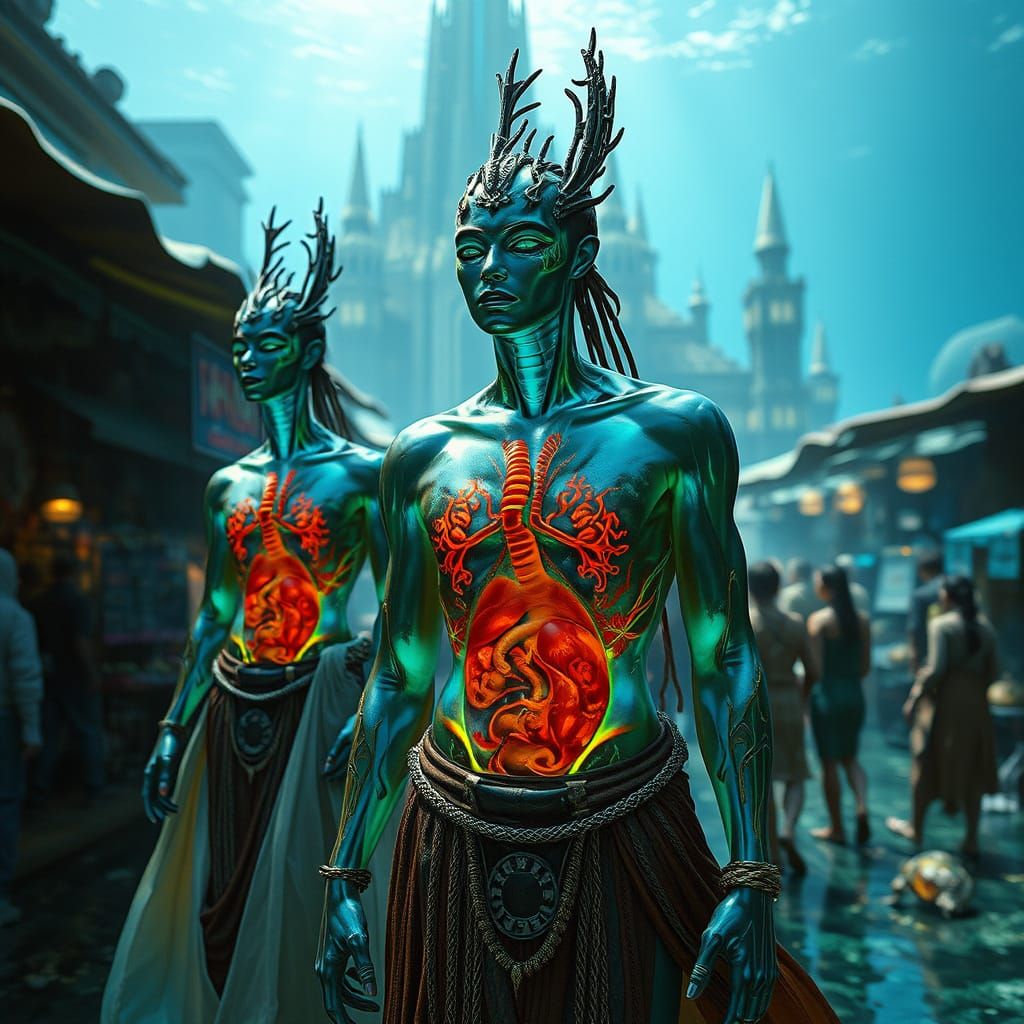 Bioluminescent Atlanteans in Underwater City, Cinematic Stil...