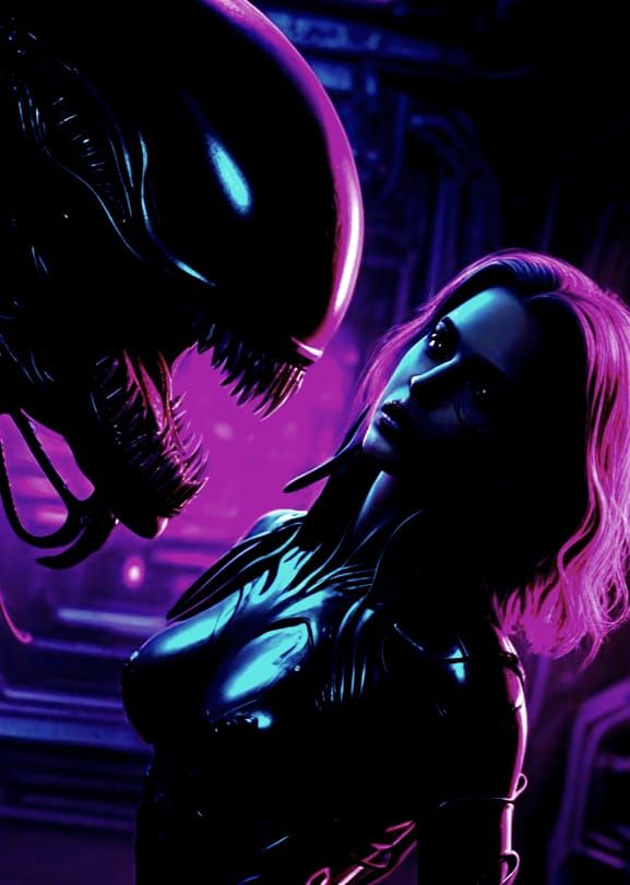 Xenomorph Demon Stalks Cyborg in Synthwave Style
