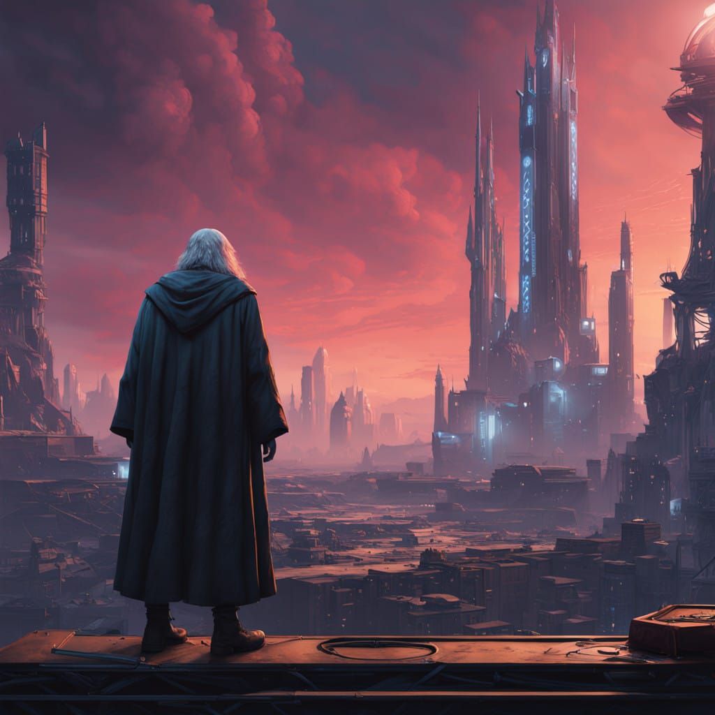 Gandalf in Cyberpunk Metropolis