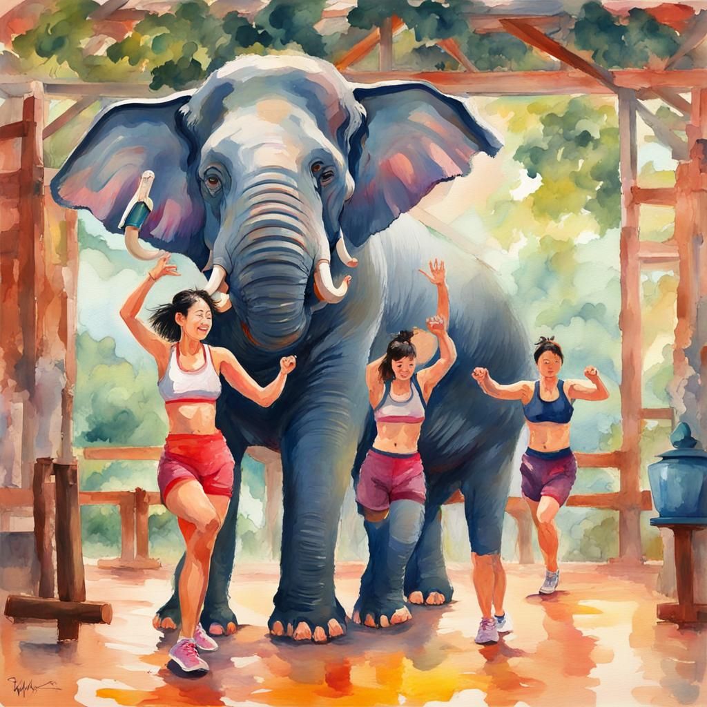 Okinawa Gym Couple Zumba Elephant in Gouache Style