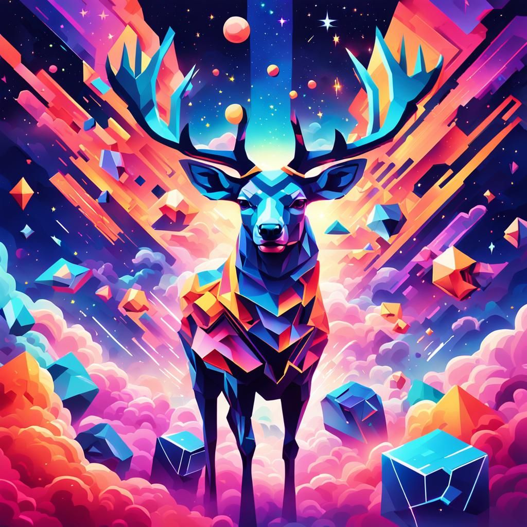 Cosmic Cubist Space Deer in a Cyberpunk Dreamscape