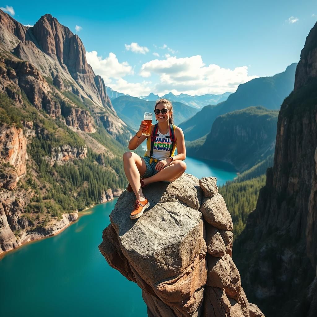 Person Enjoying Beer on Precarious Rock Formation