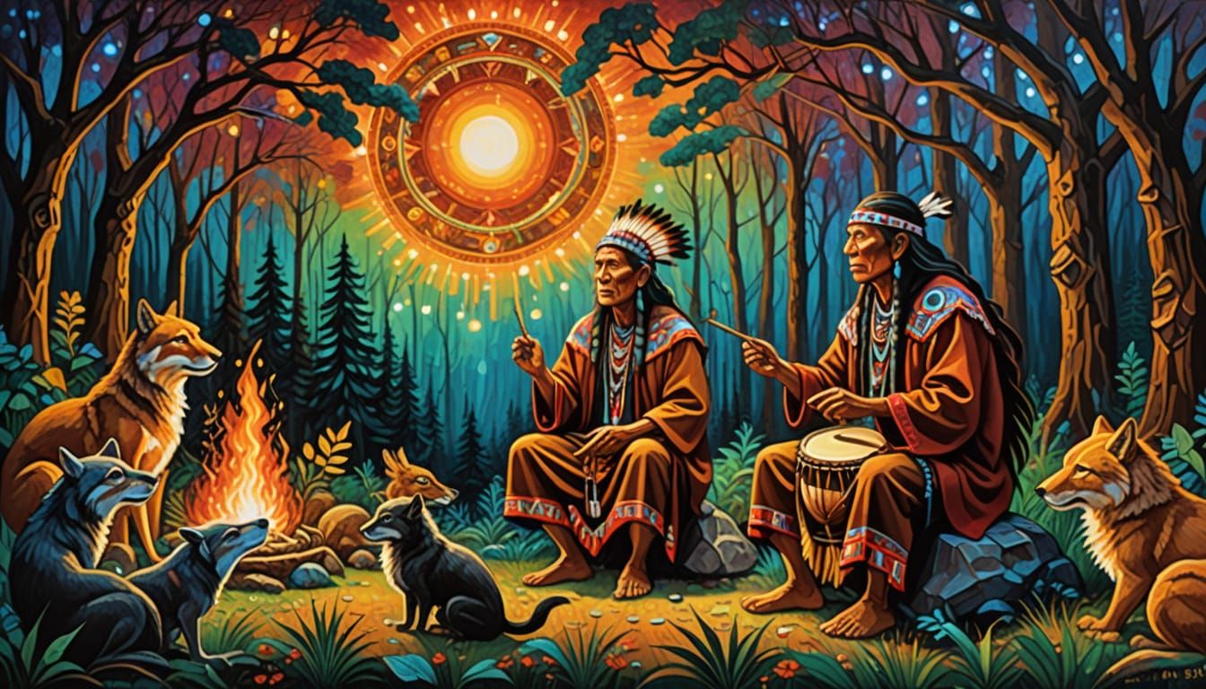 Native American Storyteller Triptych in Neo-Impressionist St...