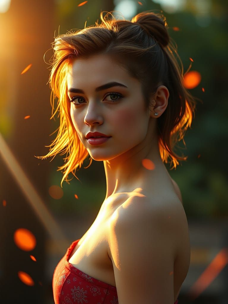 Beautiful Young Woman in Summer Sunshine Rays