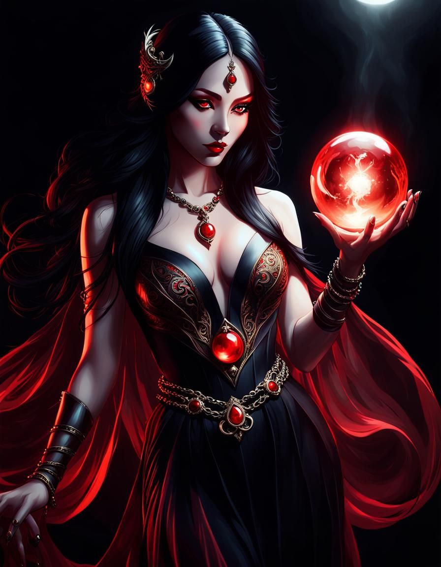 Ethereal Sorceress with Red Orb in Dark Fantasy Art