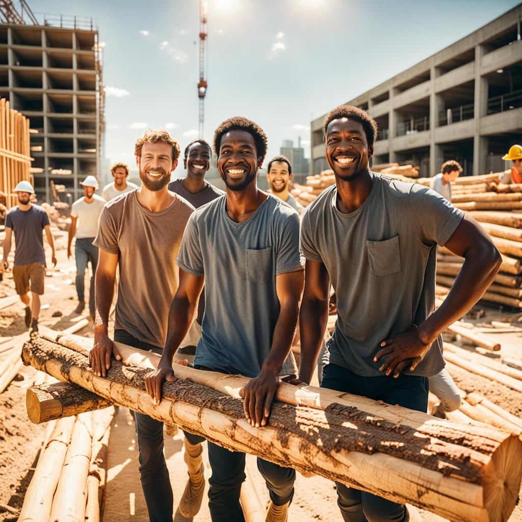 Men Collaborate at Construction Site in Golden Light
