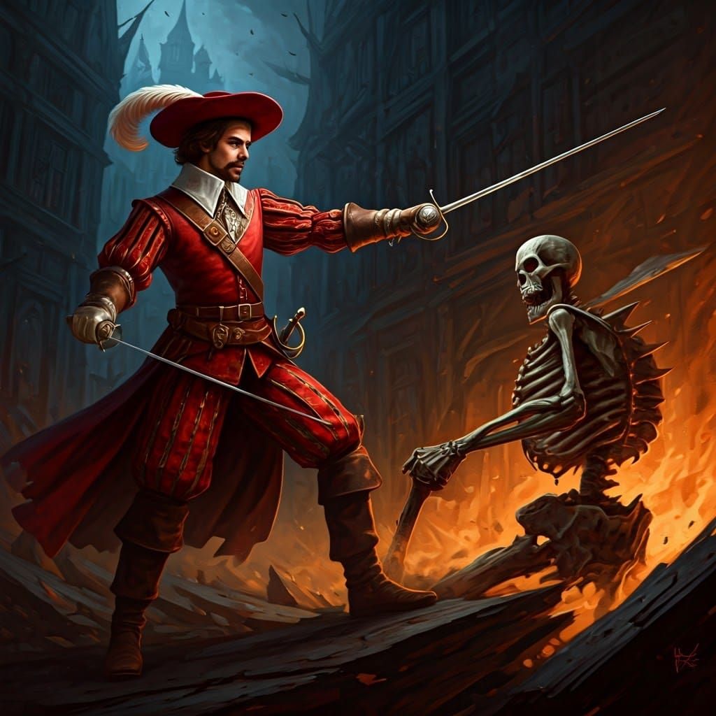 Swordsman vs Skeleton in Renaissance Style