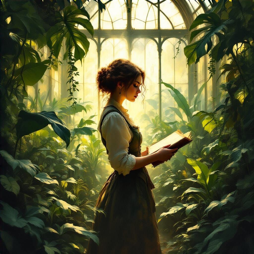Botanist in Victorian Conservatory Painting