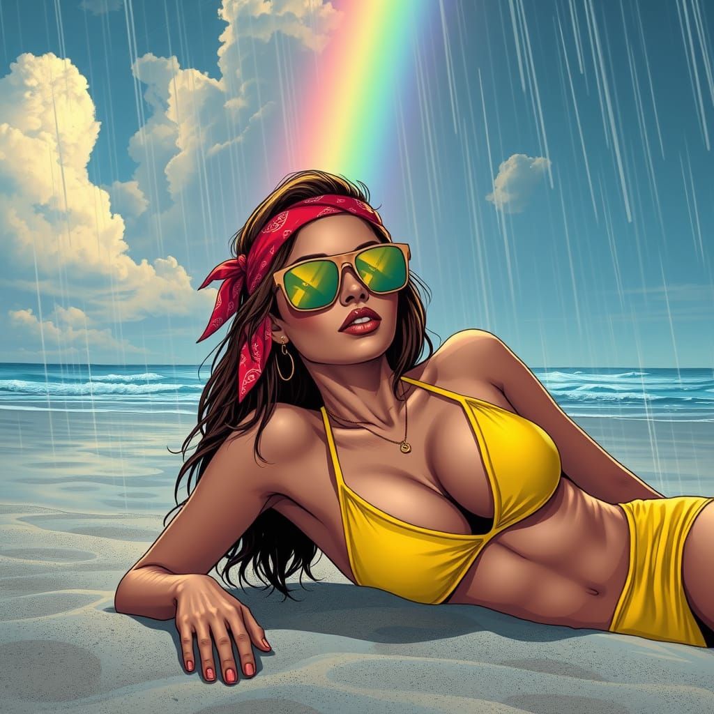 Retro Woman on Beach with Rainbow in Comic Style