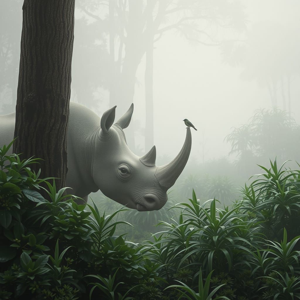 Misty Jungle Rhino with Bird on Tusk