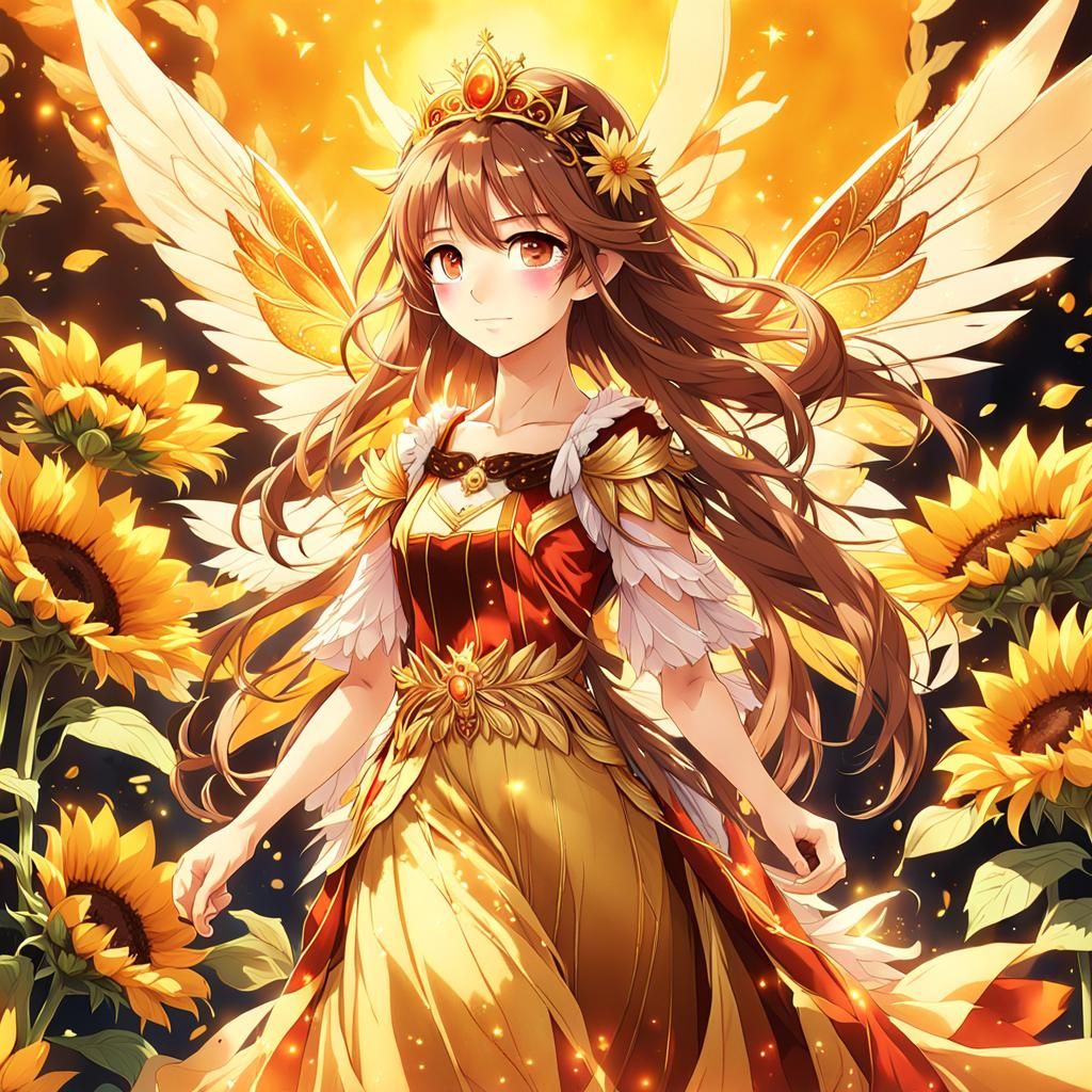 Anime Sun Fairy on Sunflower, Digital Painting