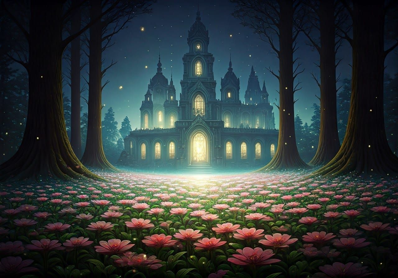 Ethereal Forest of Magical Flowers in Surreal Style