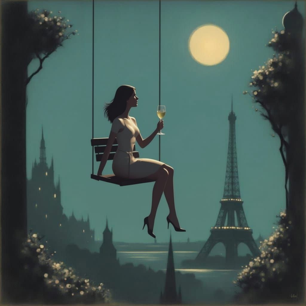 Woman in Evening Dress Bungee Jumping Over Paris