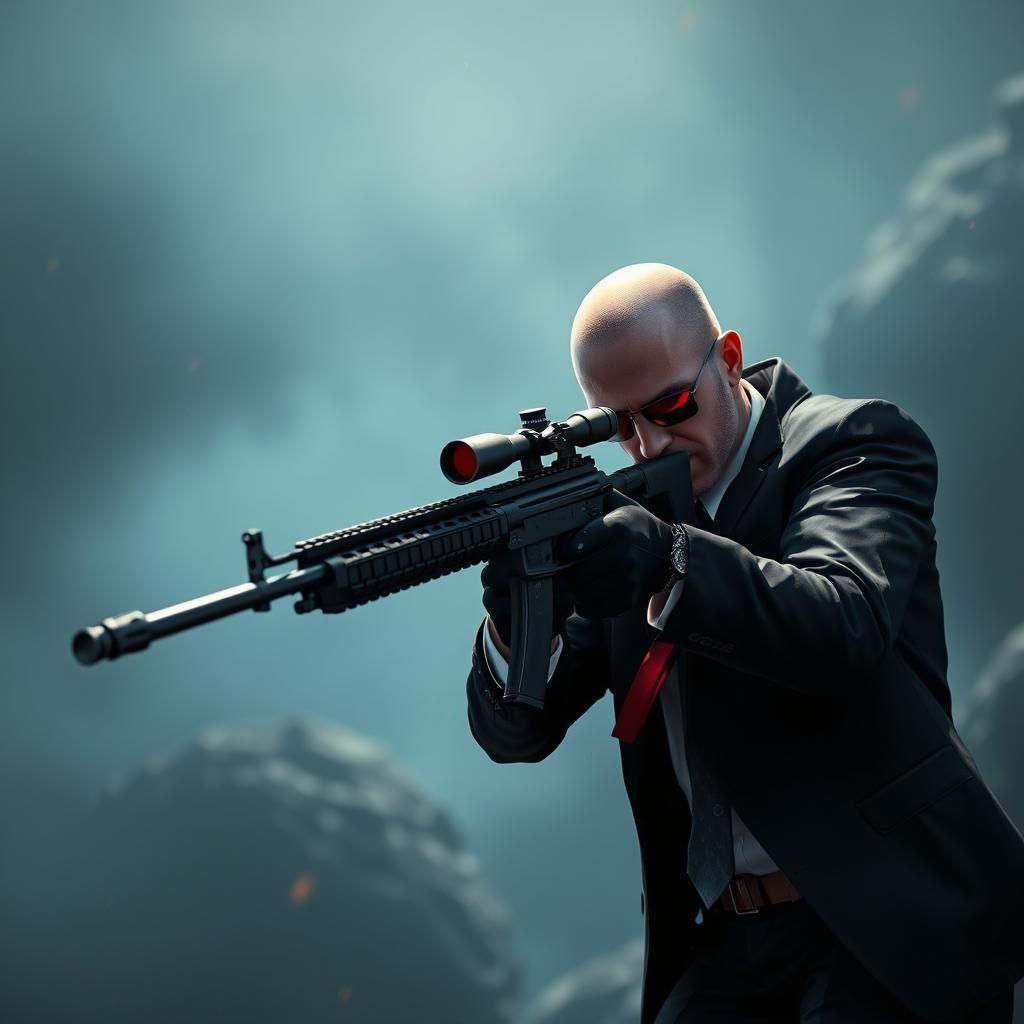 Agent 47 Aiming: Detailed Matte Painting