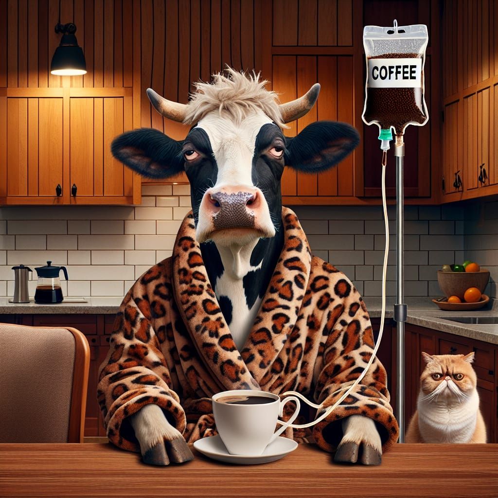 Whimsical Cow's Coffee Addiction in Cozy Kitchen