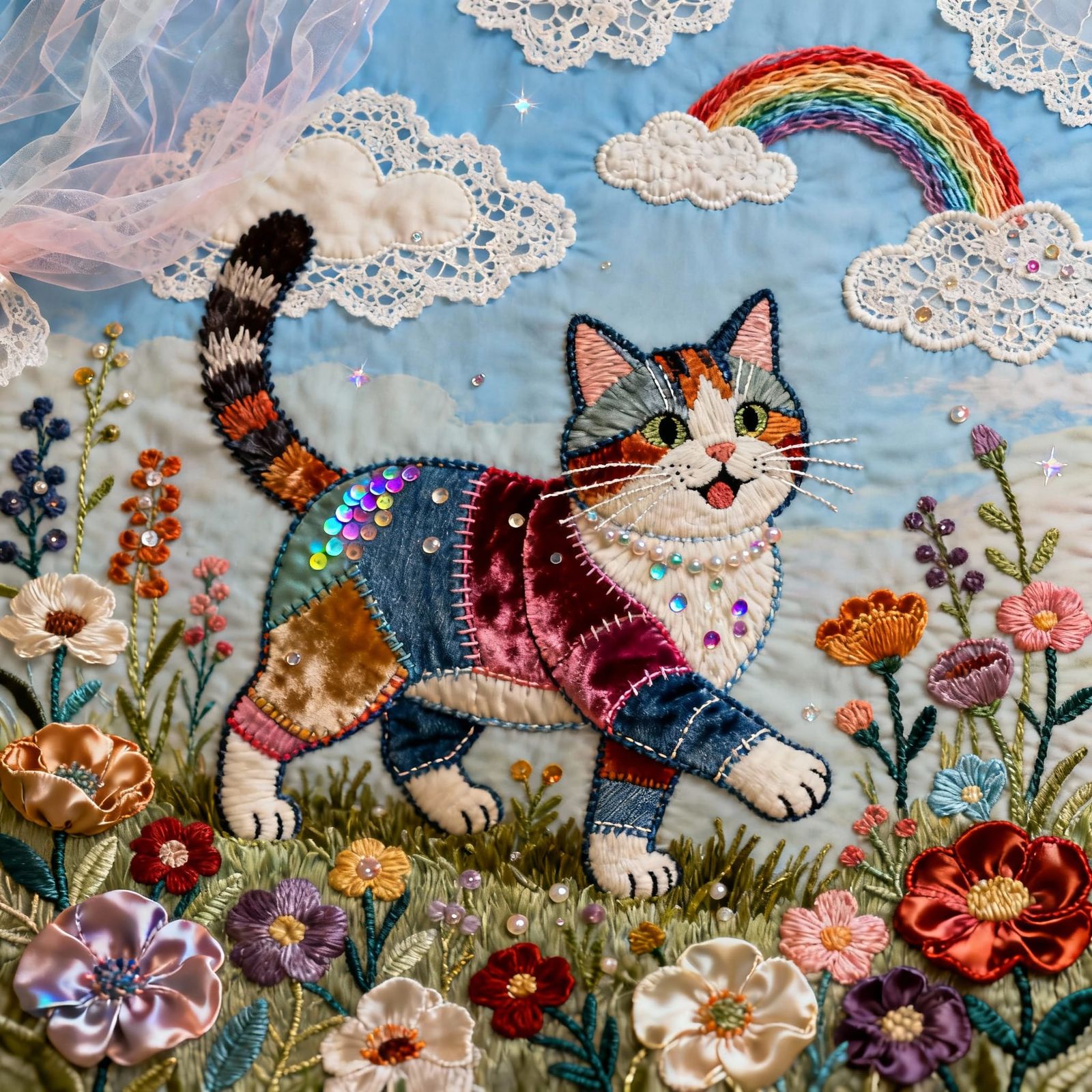 Patchwork Cat in Embroidered Garden Collage