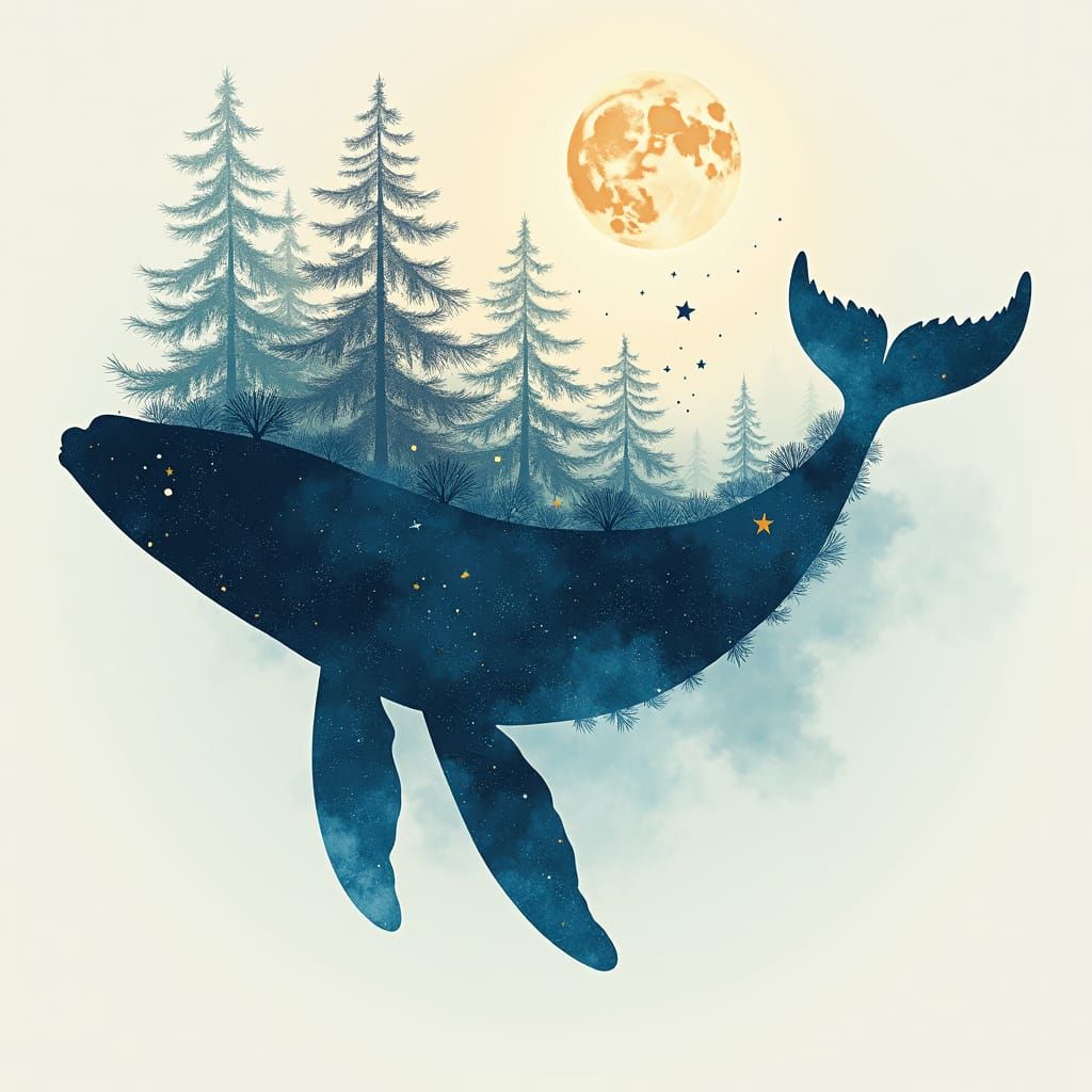 Cosmic Whale in Dreamlike Ocean: Double Exposure Art