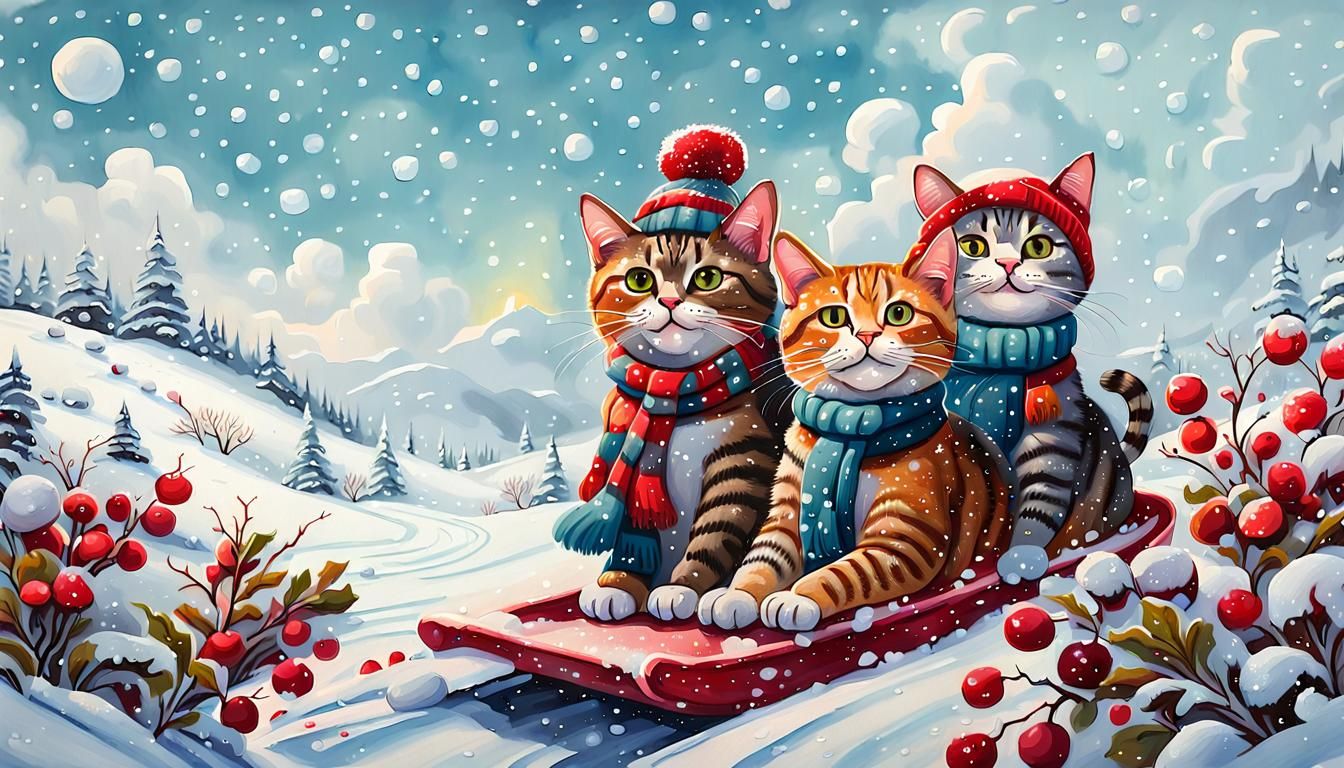 Whimsical Winter Wonderland Cats: Vivid Gouache Painting