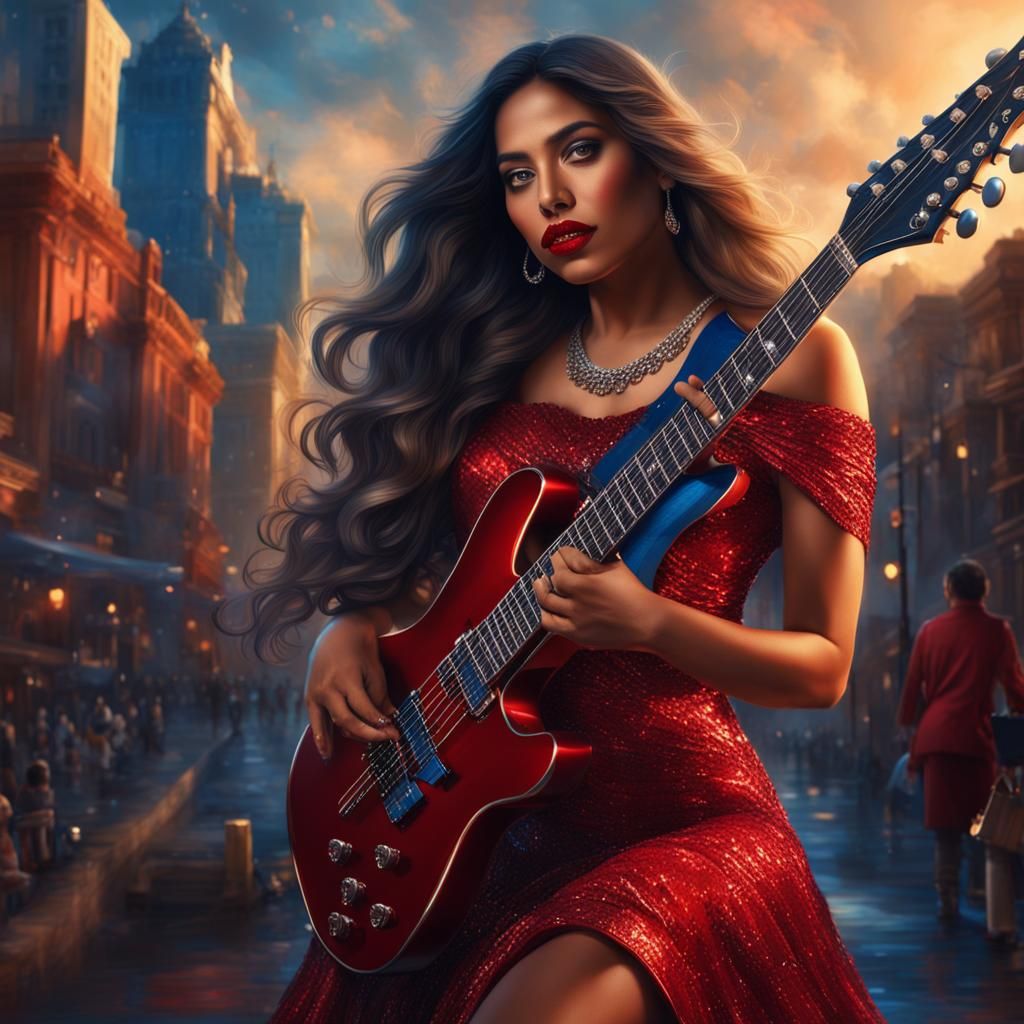 Latina Woman Playing Guitar in Digital Painting