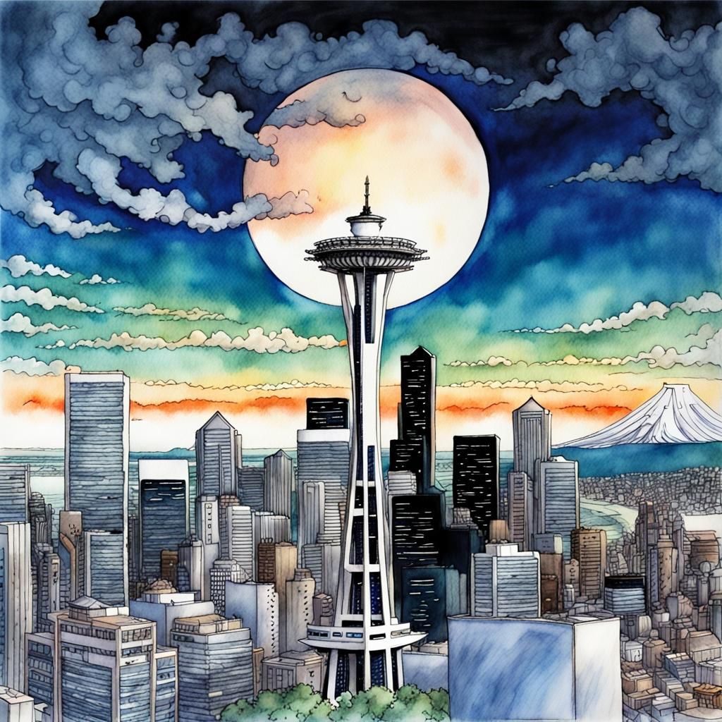 Seattle Anime Bird's-Eye View, Watercolor Illustration