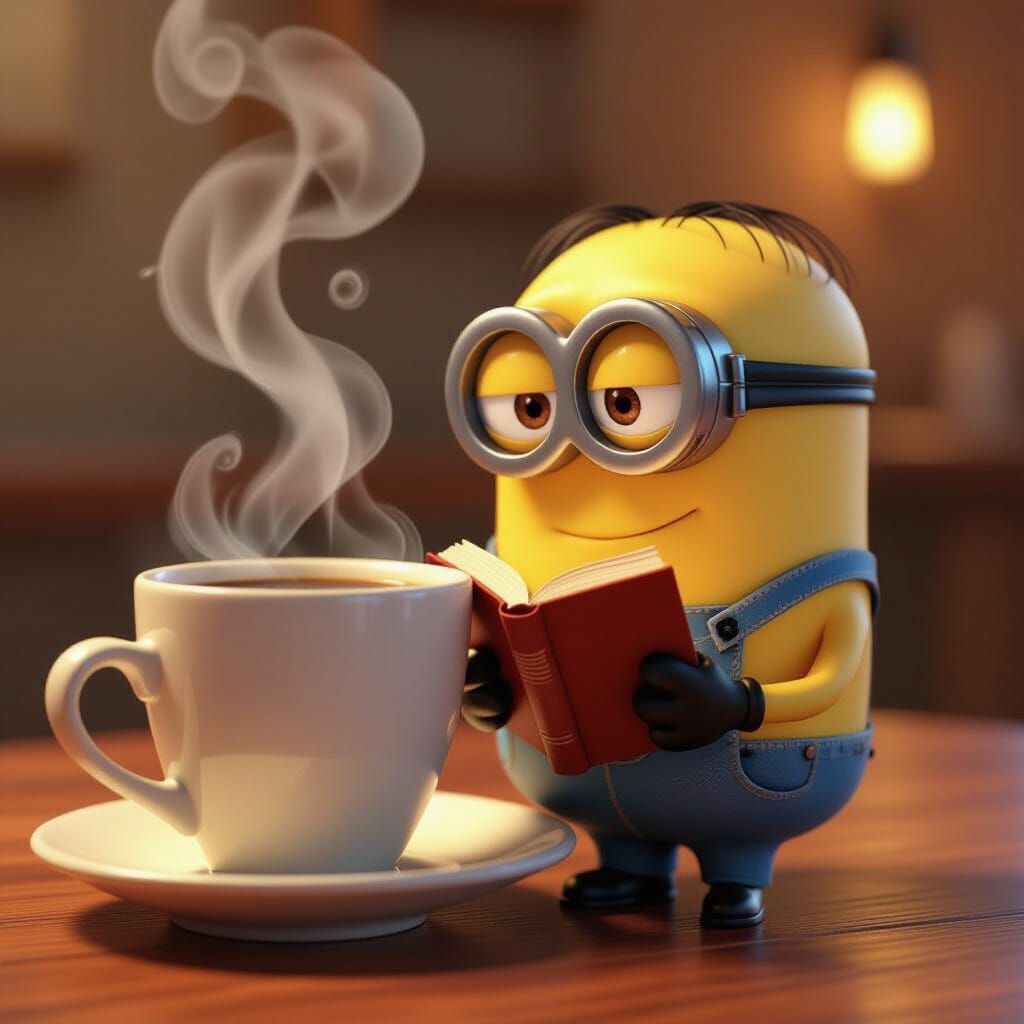 Minion Reading Book Emerging from Coffee Steam