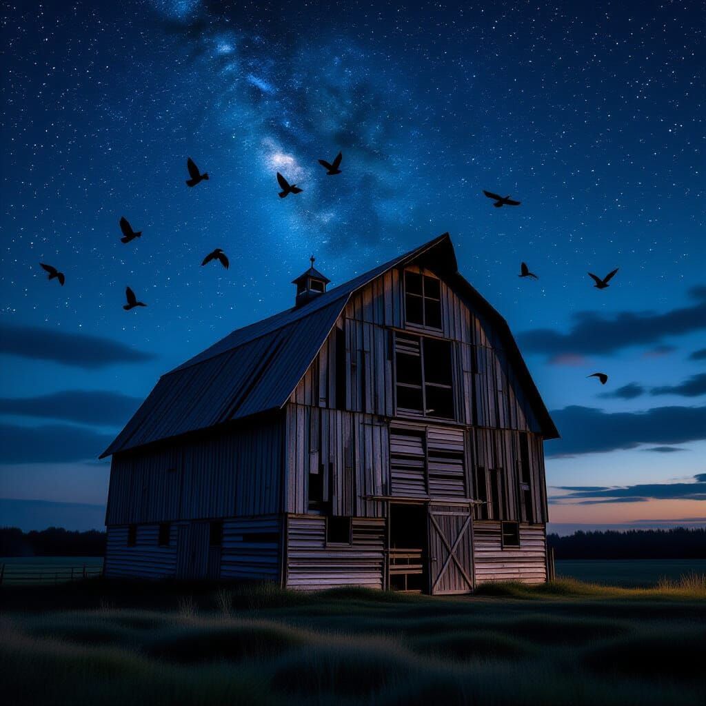 Majestic Barn Under Starry Skies in Cinematic Style